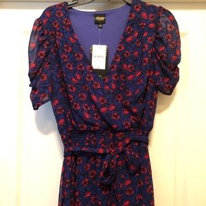 Red and blue floral chiffon dress